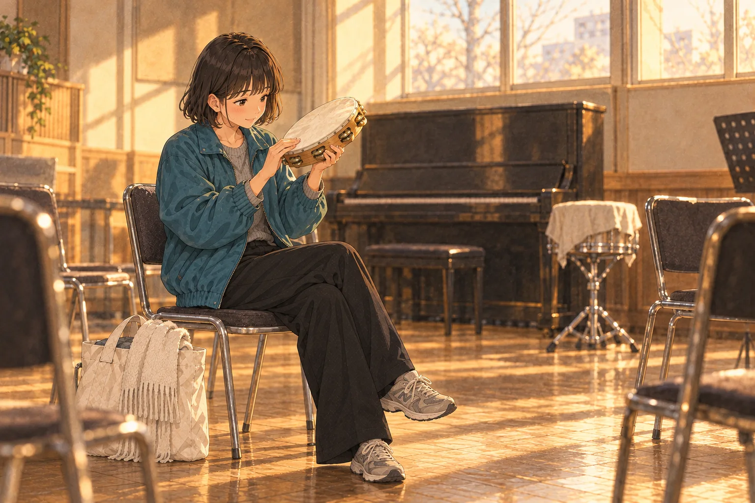 休憩中の静かな音楽室で、持ち上げたタンバリンの鈴を見つめて残響に耳を澄ませるミコ。背景にふたを閉じたピアノと布付きの小太鼓がある。