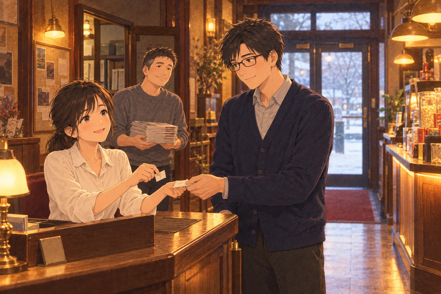 休館日の映画館のロビーで、エプロンを外した灯が河合の手書き入場券をちぎって返している。奥では灰色セーターの野崎がちらしの束を抱えている。