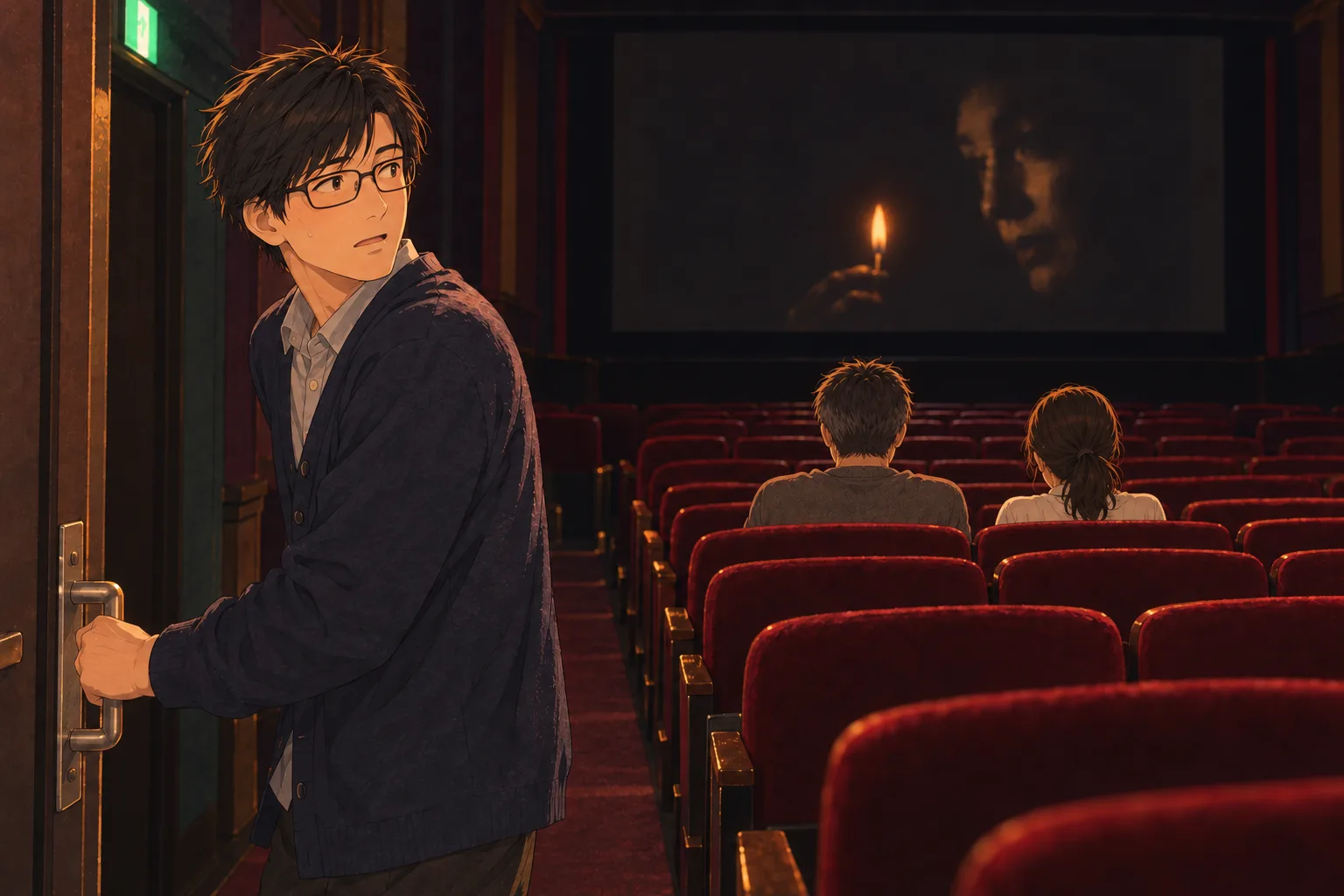 暗い映画館の扉の取っ手を握ったまま振り返る河合。スクリーンの小さなマッチの火に、席の野崎と灯が笑いをこらえている。