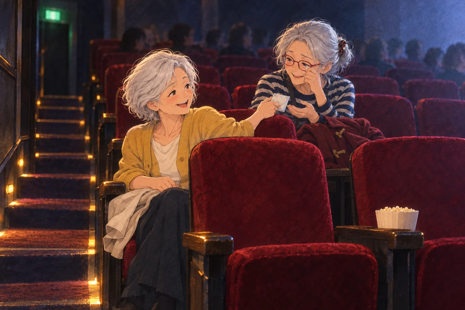 暗い映画館で前列通路側の澄江が、すぐうしろの席で涙ぐむ姉に、肩越しにポケットティッシュを手渡す。姉は紺白のボーダーで、コートを膝に置いている。
