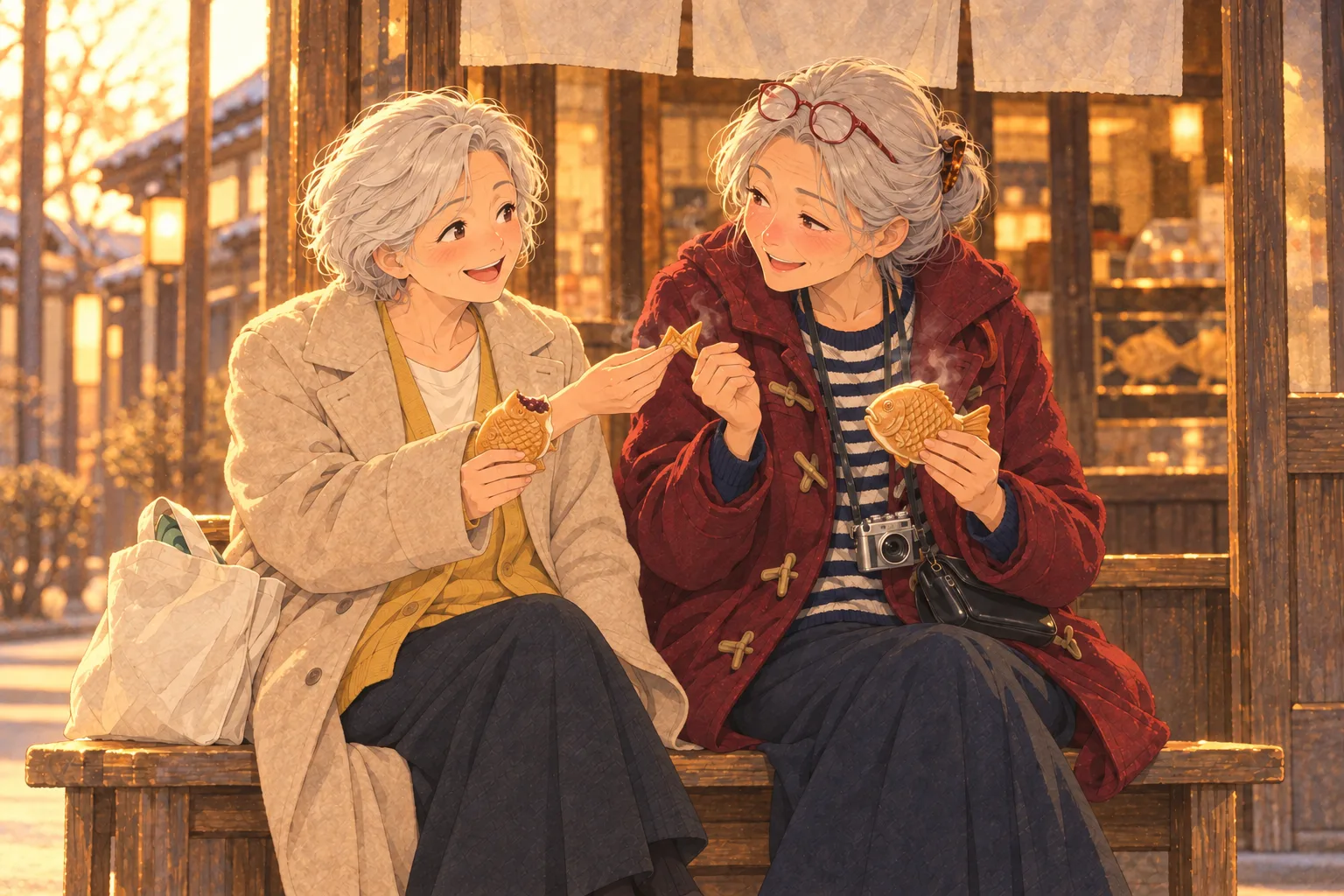 たい焼き屋の前の腰掛けで、澄江が自分のたい焼きの尻尾を姉に差し出している。姉も自分のたい焼きを持って笑い、同じ冬のコートで並んで座っている。