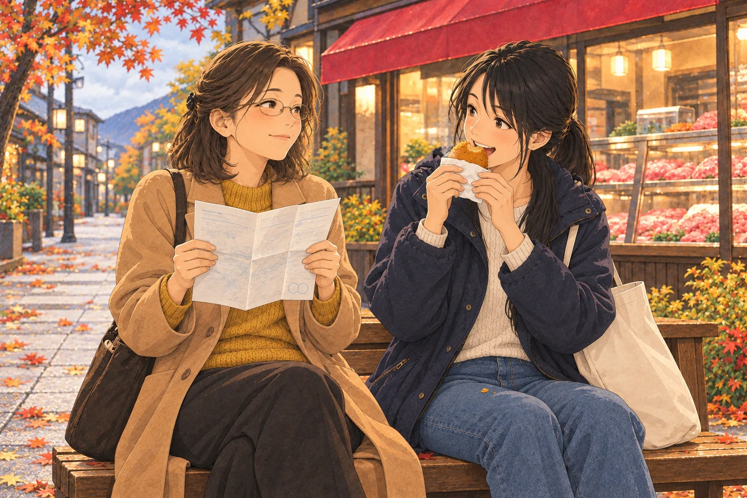 朝の乾いた商店街の精肉店前で、紺のパーカーの菜央だけがコロッケを食べ、眼鏡とキャメルのコートの佐和子は予定表を両手に横目で見ている。