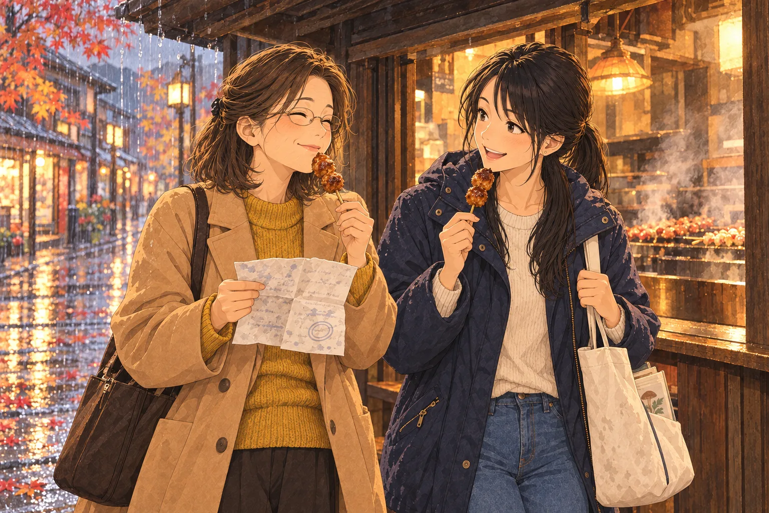 にわか雨の焼き鳥屋の庇の下に立つ二人。佐和子はにじんだ予定表とつくね一本、菜央もつくね一本とトートの紐を持っている。