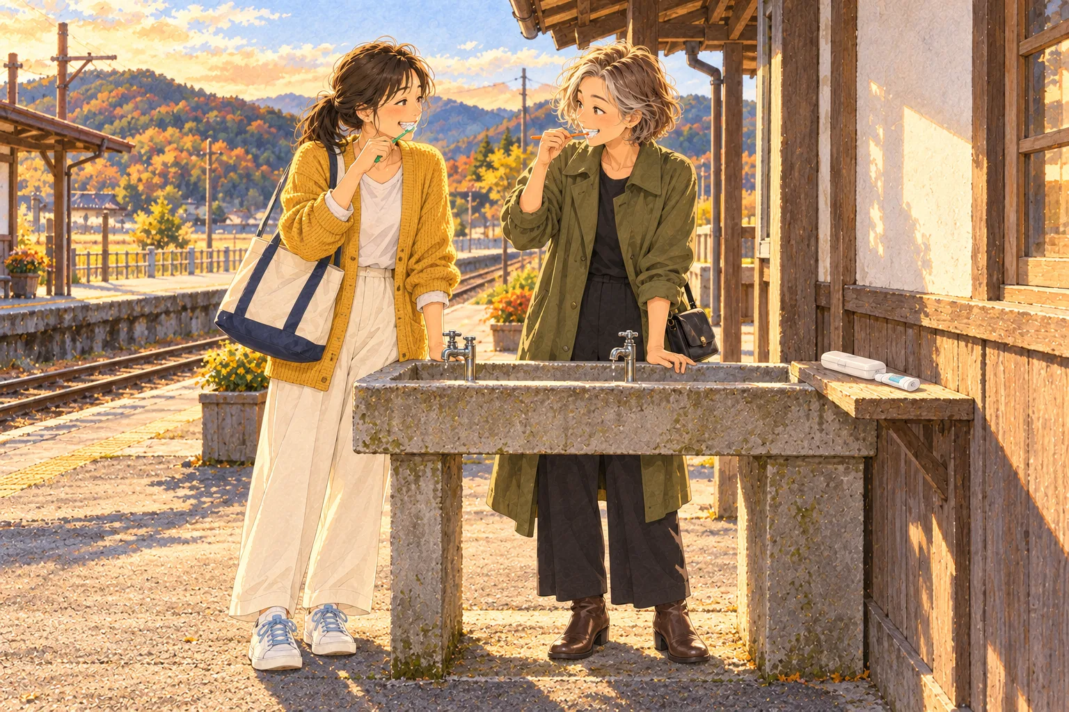 夕方の小さな駅舎の脇にある蛇口二つの手洗い場で、千景は緑、律子はオレンジの歯ブラシで並んで歯を磨く。