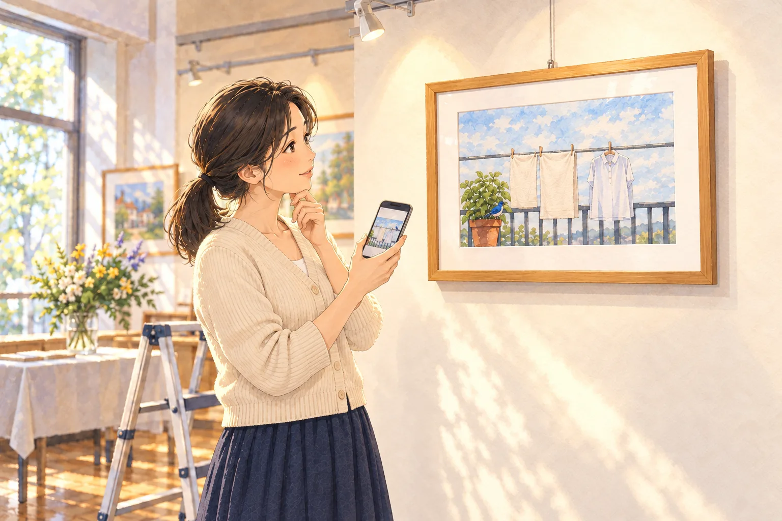 展示室で、千春がスマホの前日の写真と壁の水彩画を見比べる。壁の絵の青い鳥は左のバジル鉢に止まり、右の物干し竿にはいない。