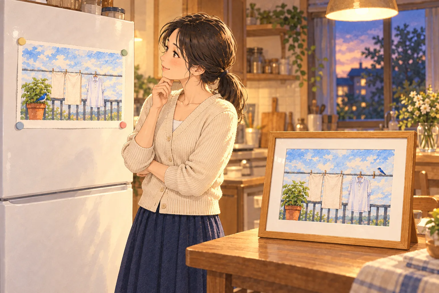 帰宅後の台所。冷蔵庫の額なしの絵は四つのマグネットで留められ、青い鳥は左の鉢に。机には右の竿に鳥がいるもう一枚の絵を戻した木枠がある。