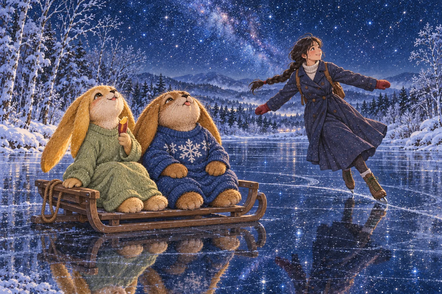 星を映す冬至の池で、若草色のユズハと青い雪結晶模様のホクトがそりに並び、赤い手袋のリツがスケートで弧を描く。干し芋の半分はユズハの手にある。