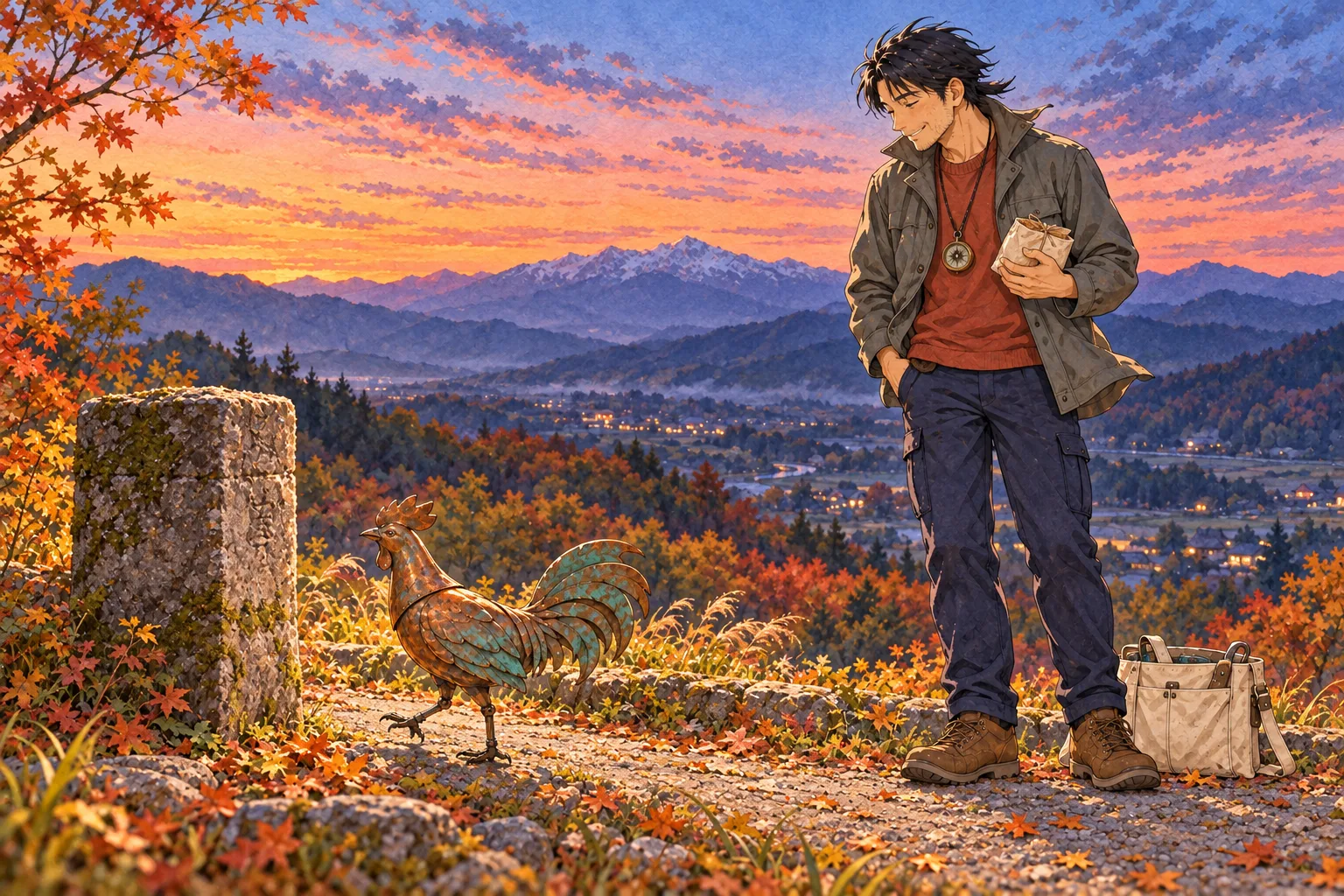 夕焼けの丘の石の標柱のそばで、銅の風見鶏が一歩踏み出し、鳴海が見守る。遠くの山の頂が白く、帆布の道具袋は足元に置かれている。