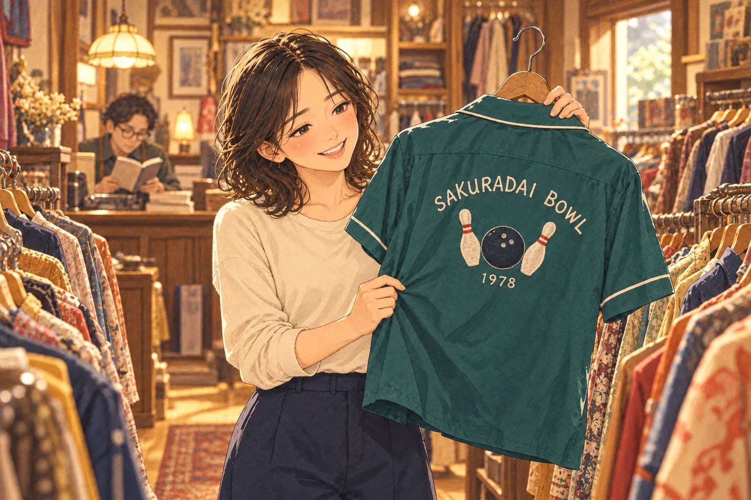 古着屋で衿子が緑のボウリングシャツの背を広げて見る。手刺繍はピン二本と球一個、SAKURADAI BOWLと1978。奥で丸眼鏡の店主が文庫本を読む。