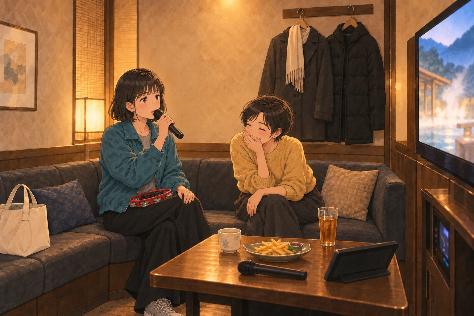 カラオケのソファで、ミコがマイクを持って台詞を真面目に読み、短い髪のゆかりが身を折って笑う。赤いタンバリンはミコの膝、テーブルにポテトと茶二つがある。