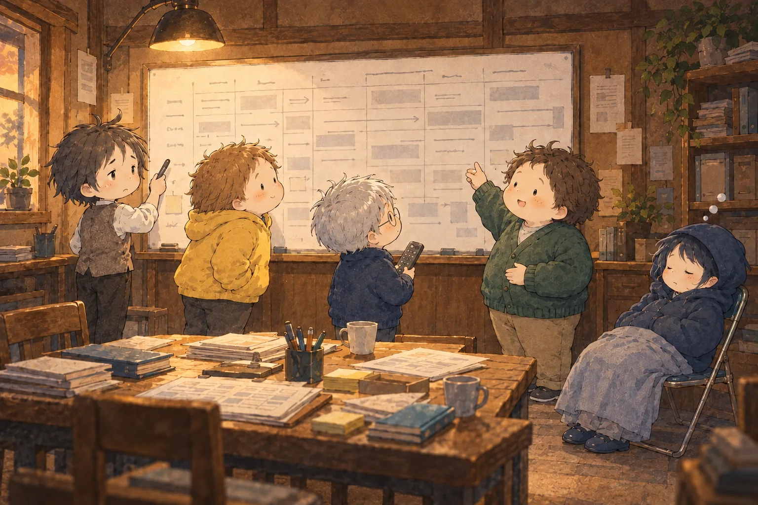 頭の中の会議室で五人が時間割を囲む。白シャツに茶灰のシンパイが書き、黄色のダイジョブ、銀髪丸眼鏡キオク、挙手する緑のハラヘッタが立ち、紺フードのネムイはパイプ椅子で眠る。
