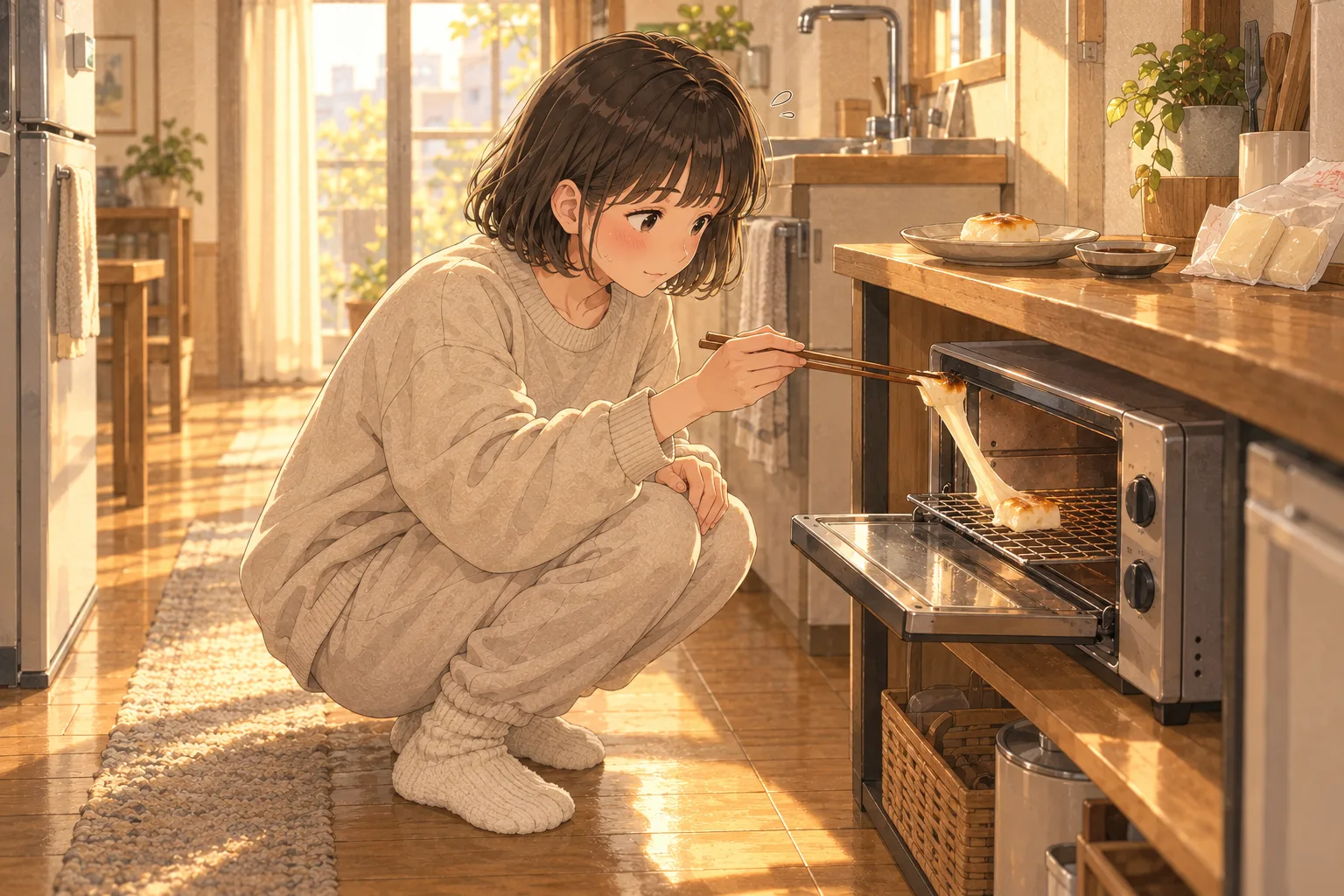 小さな台所でミコがしゃがみ、トースターの網についたもちを箸で引っぱる。左手は膝、カウンターの皿に先に取れたもち一つと、袋に未使用のもち二つがある。