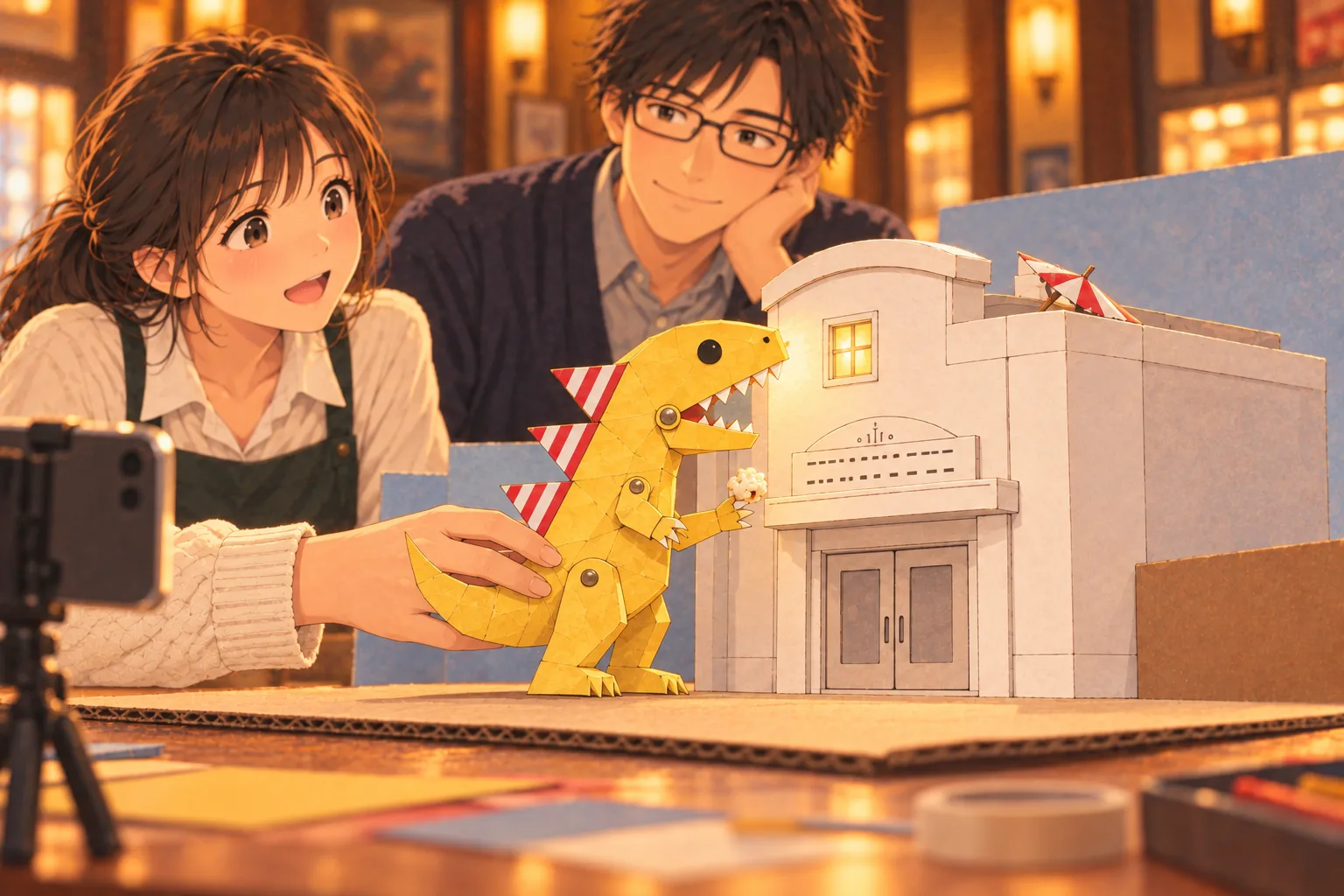 ひよりに支えられた黄色い紙の怪獣が、ポップコーンを一粒持って模型の映画館の明るい窓をのぞく