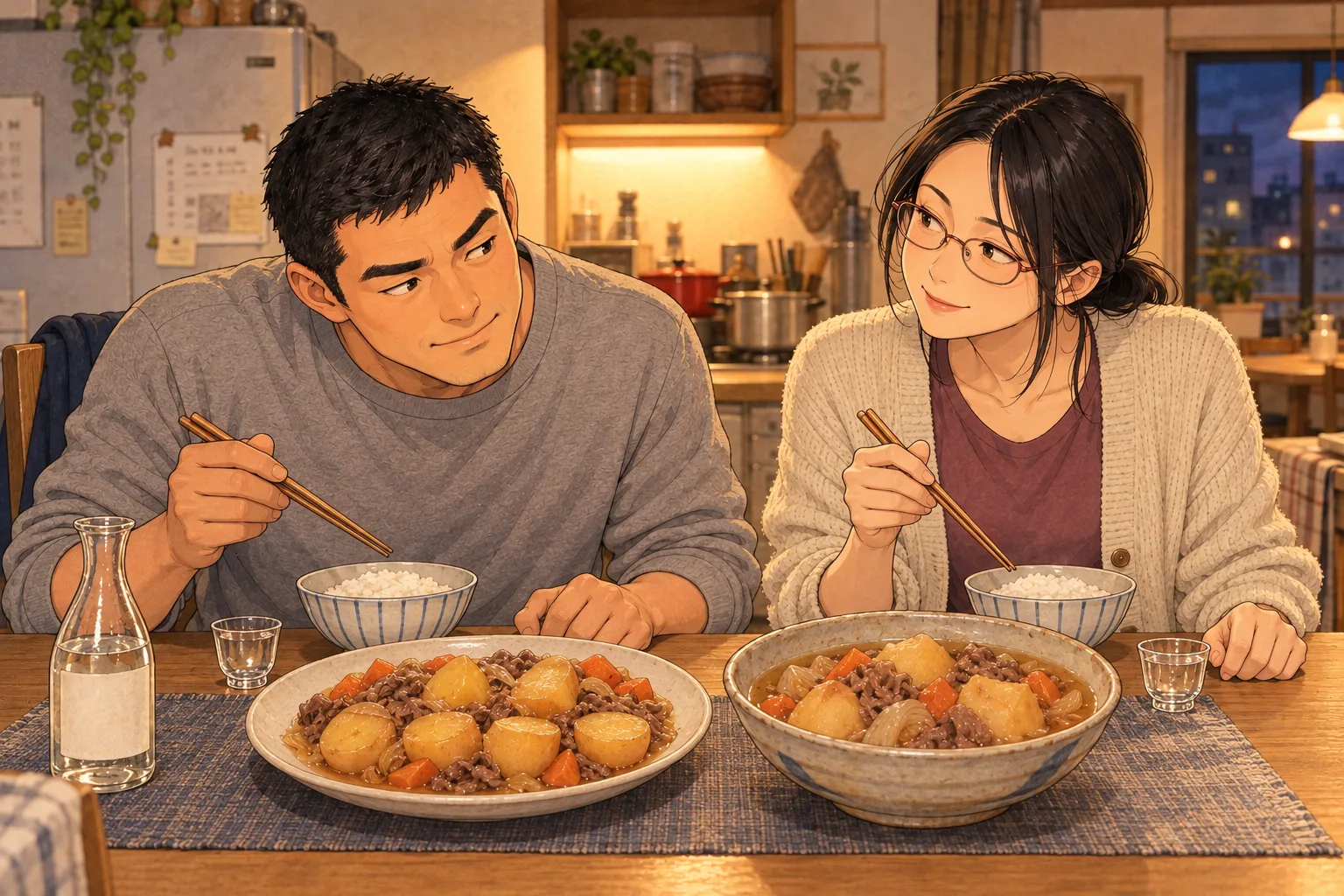 二切れ食べて小さな芋が六切れ残った平皿と、汁たっぷりの肉じゃがの鉢を前に、二人で夕食を楽しむ圭吾と穂波
