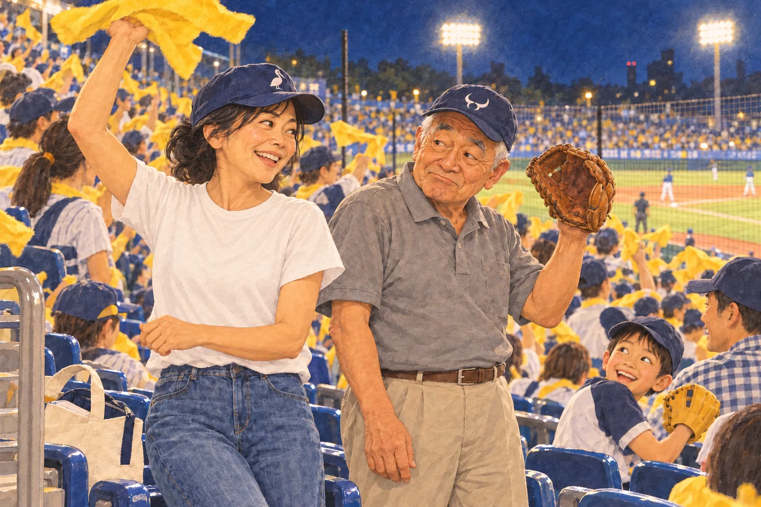 ナイターの七回攻撃前、黄色いタオルを振る朋絵と空の左グローブを上げる父。前列の男の子が笑って振り返る。