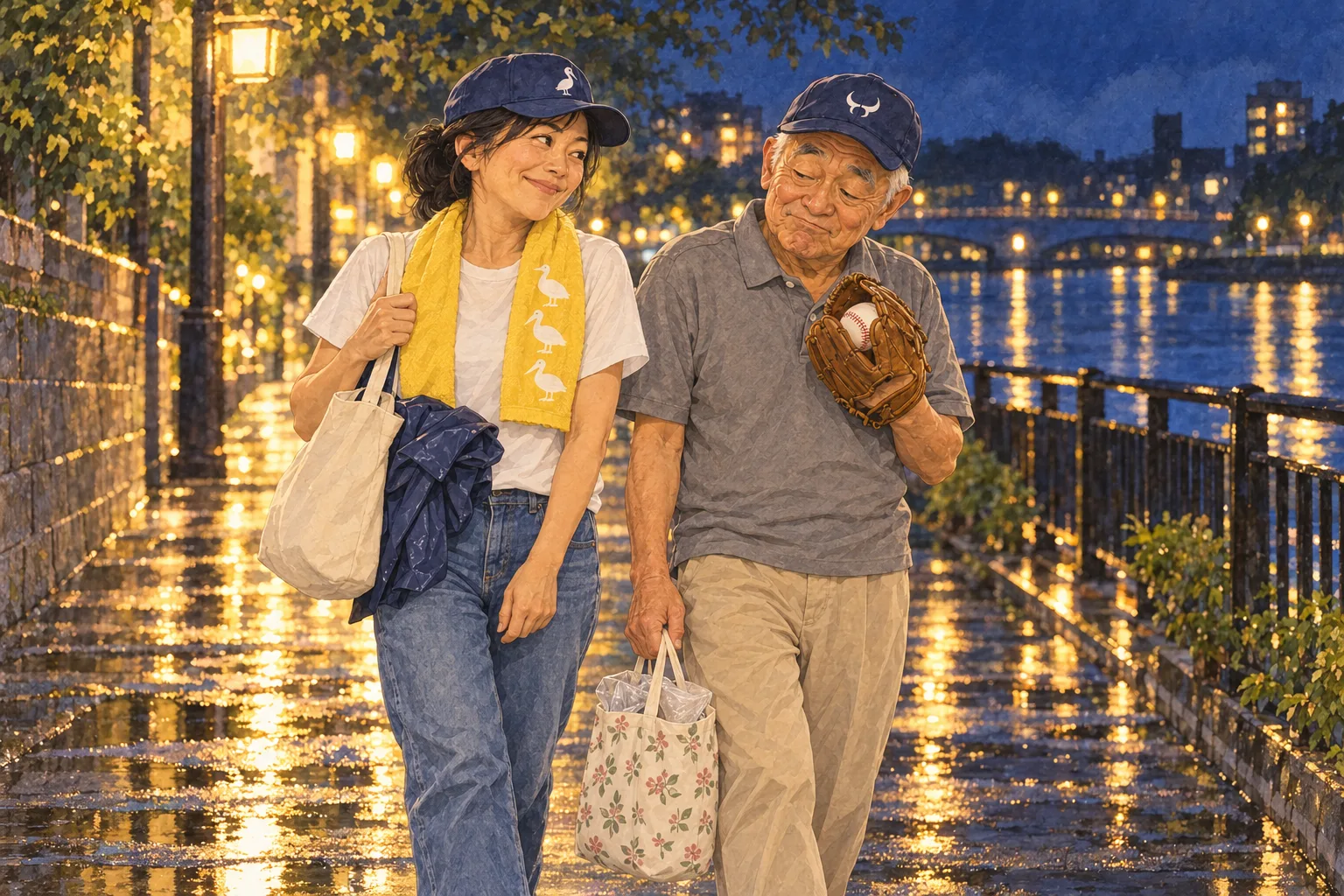 雨上がりの川沿いで、駅まで借りた一球を左グローブに収めて歩く父と、隣で微笑む朋絵。