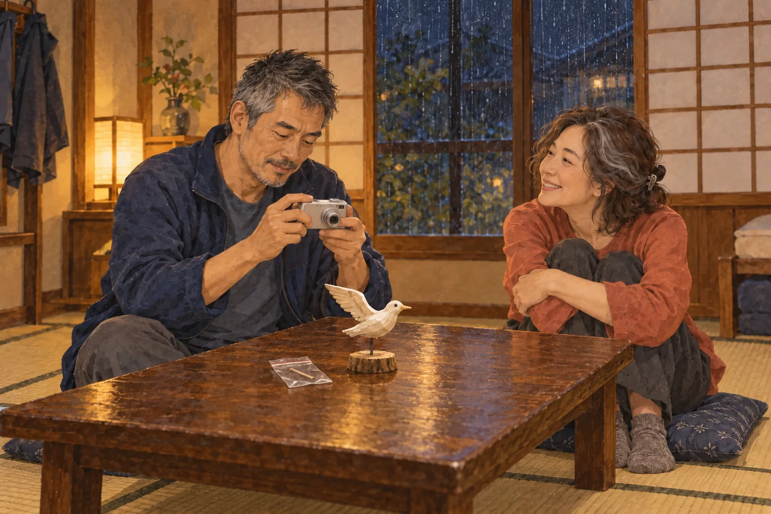 雨の夜の宿で、銀色のカメラをのぞく稔と膝を抱えて笑う佐和子。座卓には棒と台で立つ木彫りのカモメがある。