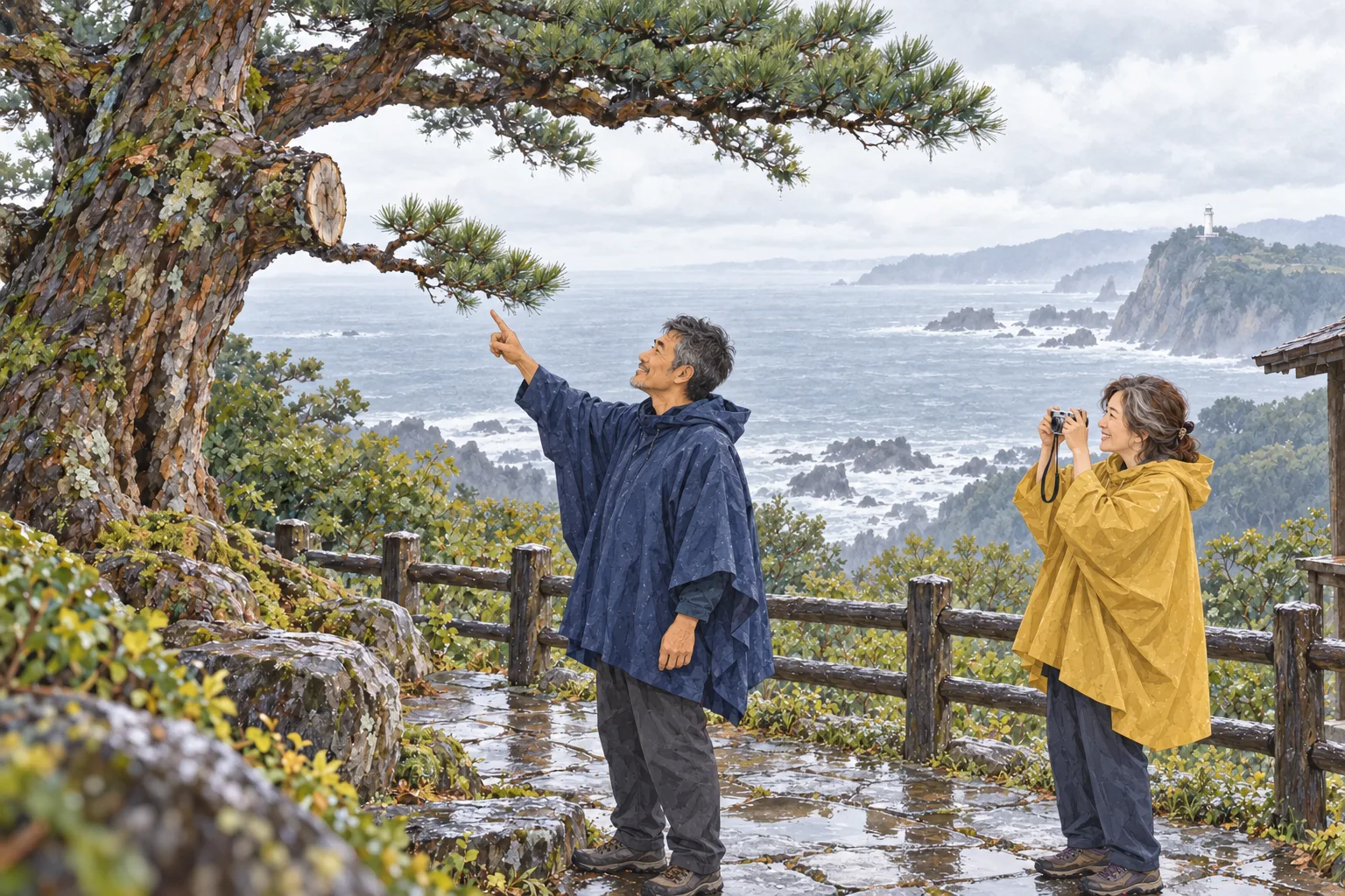 雨上がりの曇り空の展望所で、松の切口の下の小枝を指す稔を、佐和子がカメラで撮る。