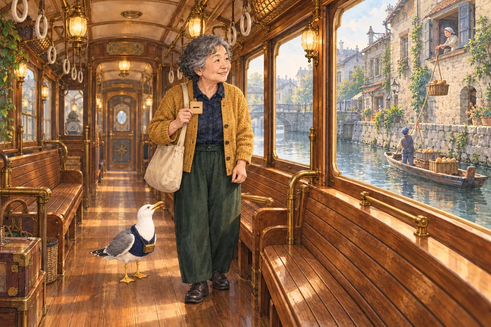 海を渡る列車の、朝ごはんのイメージ