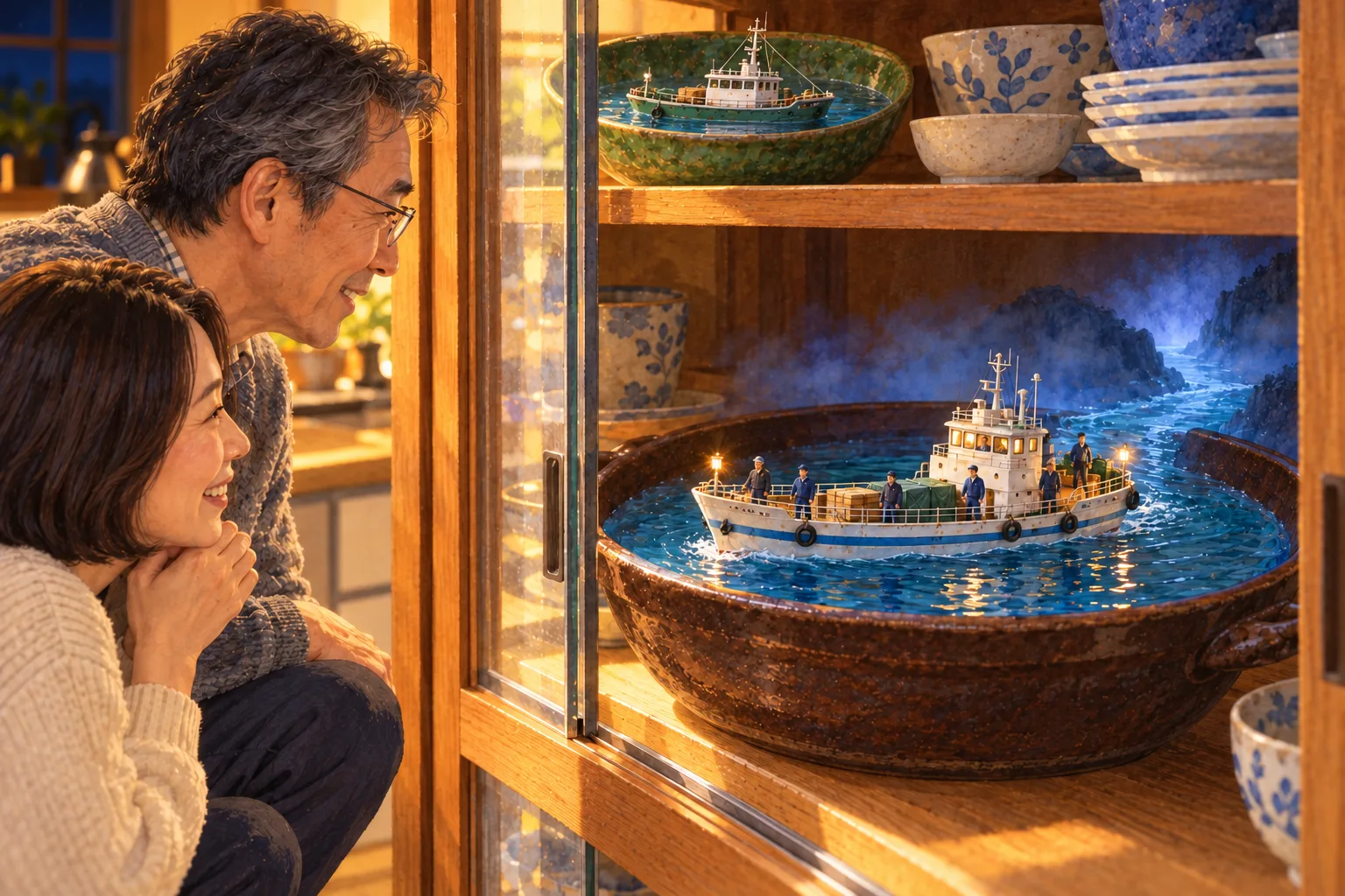 夜の食器棚で、土鍋の海へ白青の定期船が入り、甲板の六人と灯りを徹と晴美が見守る。