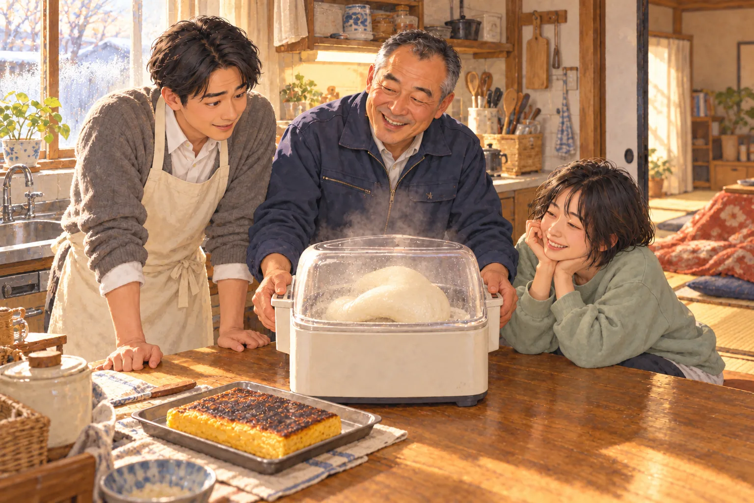 父とエプロン姿の陽介、妹の菜摘が、白い餅つき機の中で折り返される餅を黙って見つめる。