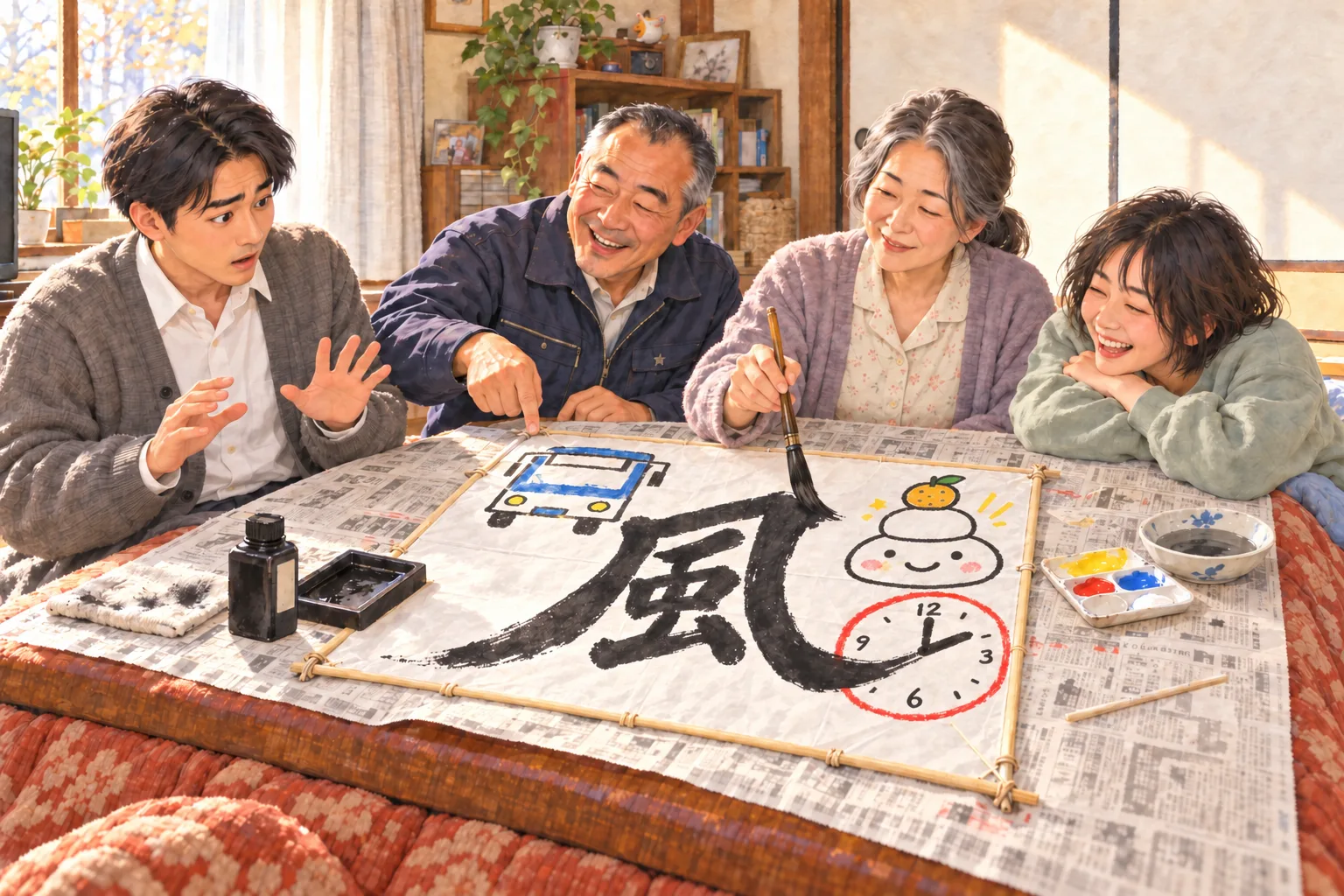 新聞紙を敷いたこたつで、母が四人で描いた角凧の真ん中へ大きく風と書き、父と子どもたちが笑ったり驚いたりする。