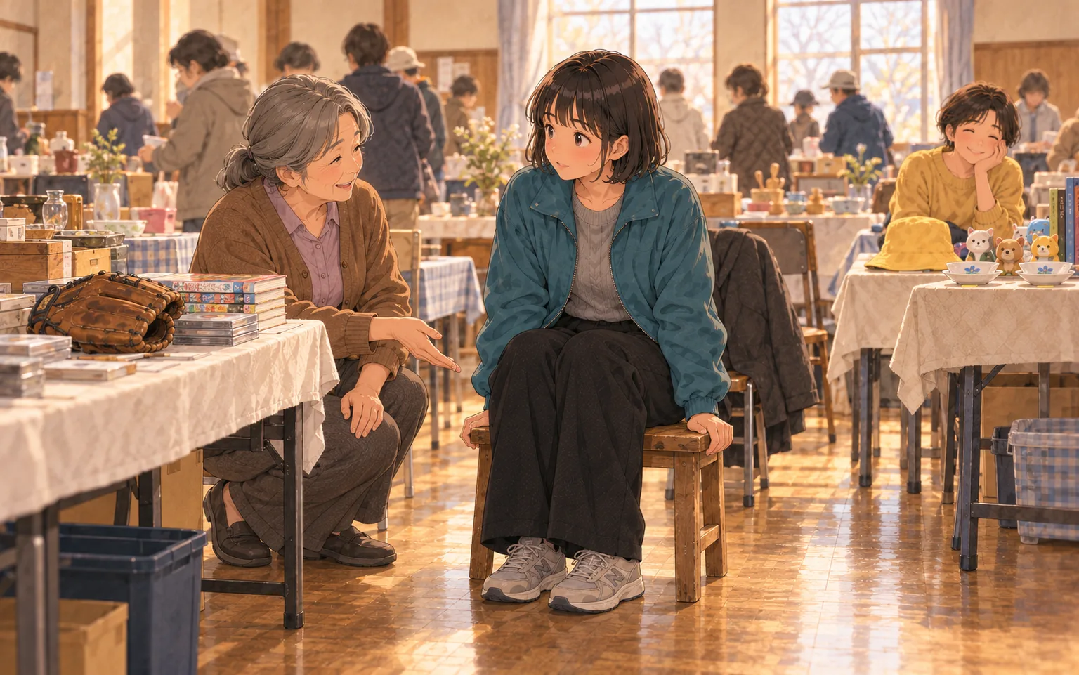 公民館のおさがり市で、宮下さんの手作りの低い台に腰かけて考えるミコ。後ろで短髪のゆかりが見ている。