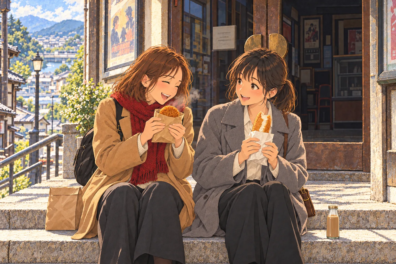 休館日の映画館の石段で、ミルクフランスを持つ灯と熱いメンチの袋をのぞく七海。足元にはコーヒー牛乳の瓶。