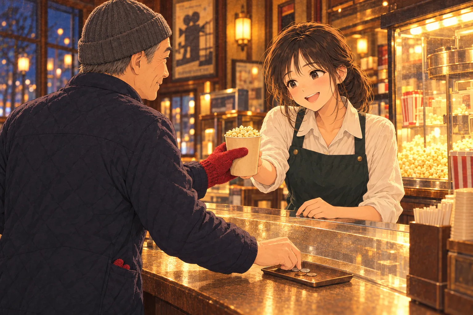 映画館の売店で、左手に赤い手袋をした男性へポップコーンを渡す灯。男性は素手の右手で代金を出す。