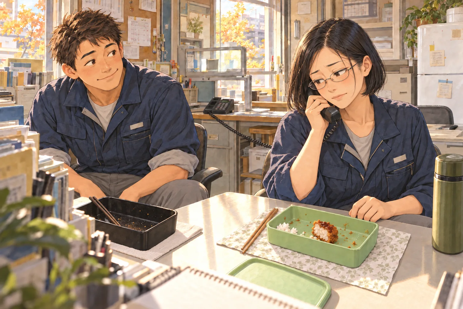 昼の電話に応じながら、クリームコロッケの中央一切れとご飯一口が残る弁当を見下ろす透子。柏木の弁当は空になっている。