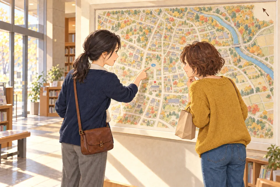 図書館の地図に、池があるのイメージ