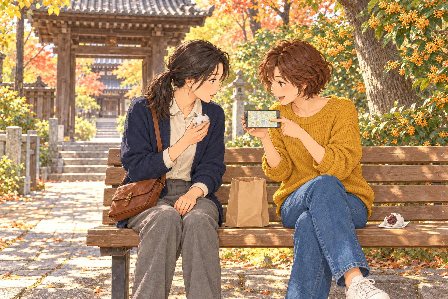 秋の公園のベンチで、豆大福を手にした透子に、スマートフォンの地図を回して見せる朔。