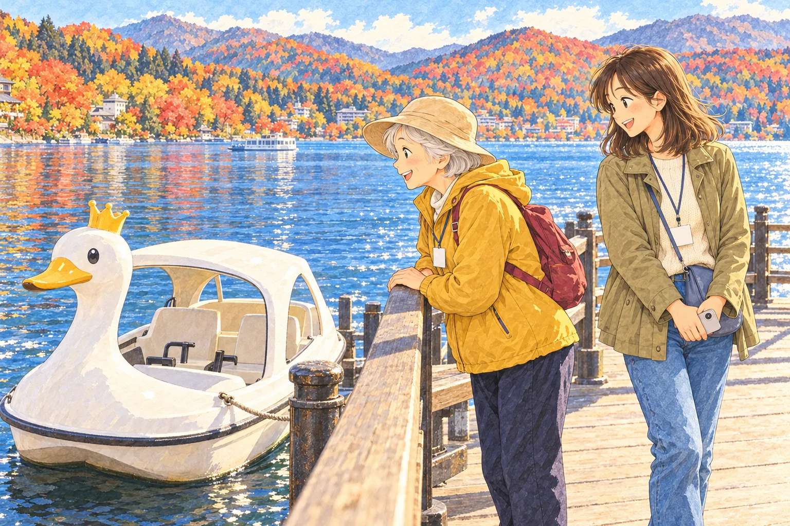 湖の桟橋の手すりで、冠の傾いた白いアヒル型の足こぎボートを眺める富子と、スマートフォンを手に見守るちはる。十艘のうち近くの一艘を描いている。