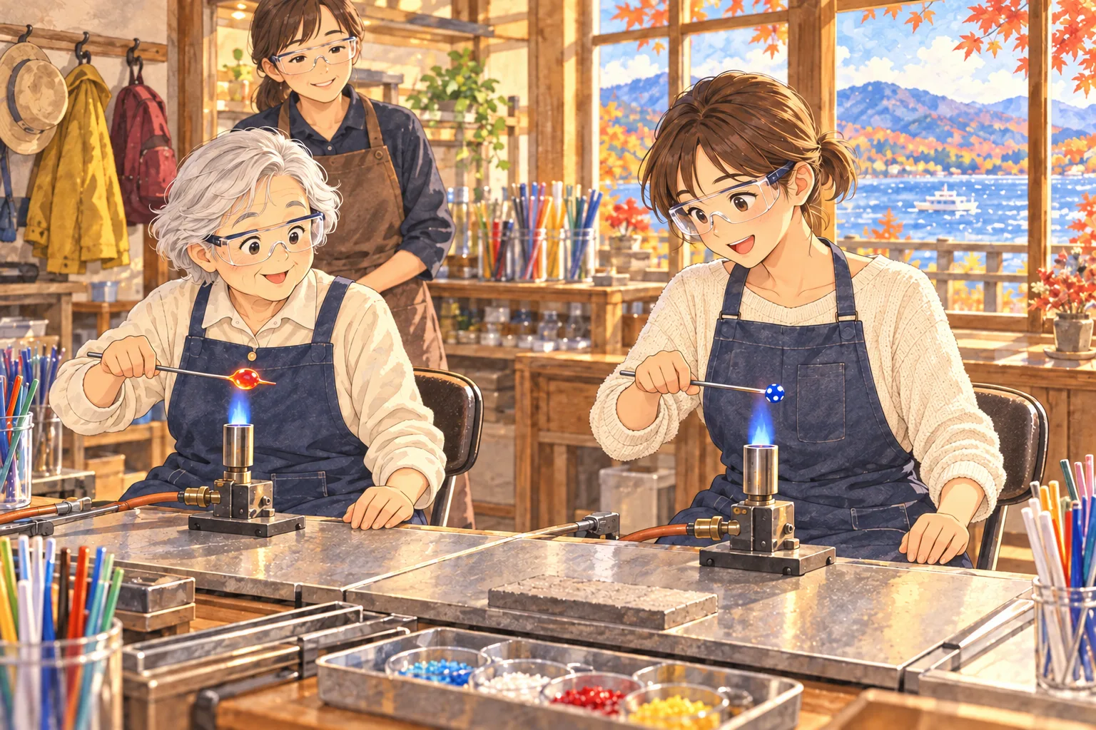 帽子と名札を外して保護眼鏡をかけ、工房で赤橙のいびつな玉と白い水玉模様の青い玉を作る富子とちはる。