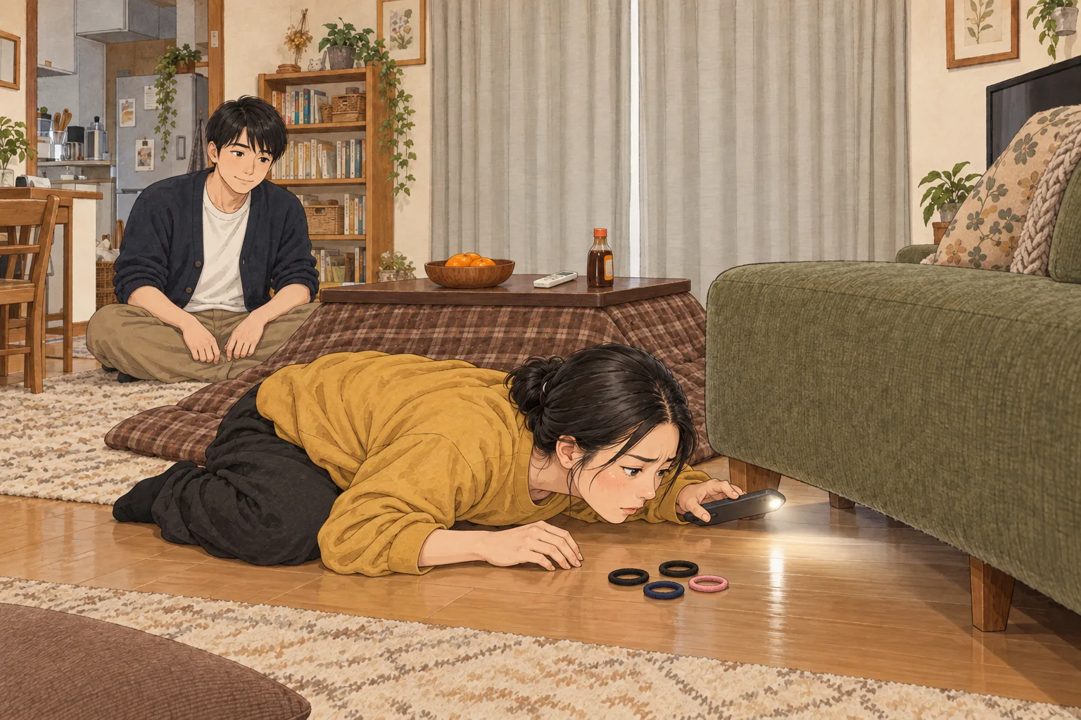 スマートフォンの明かりでソファの下を探し、ヘアゴム四本を見つけた千波と、借りた紺色のカーディガン姿で見ている弟の航。