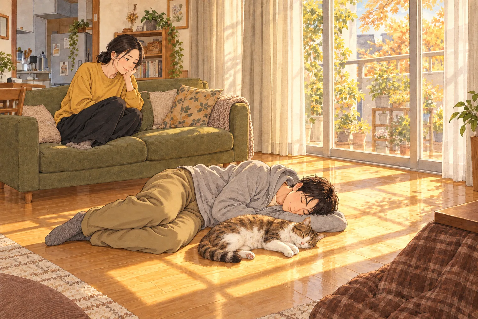 ソファをずらして見つかった午後の日なたで、灰色のパーカーを着た航と猫のちくわが並んで眠る。千波はソファから眺めている。
