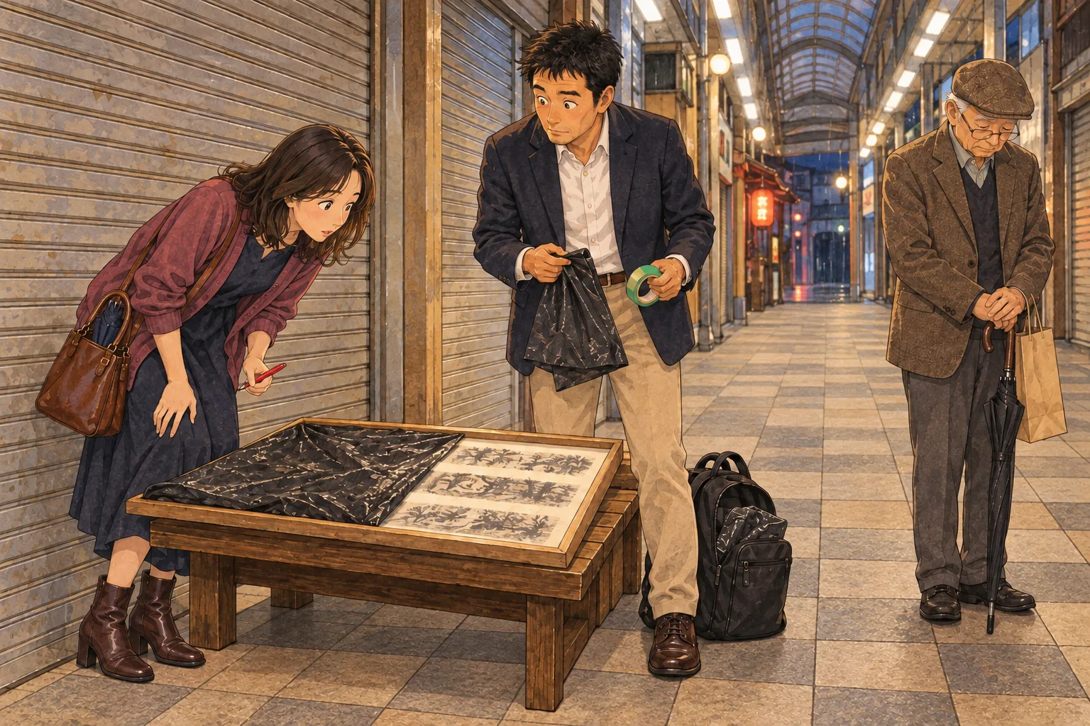 乾いたアーケードのベンチで、袋を外した版画の額をのぞき込む早苗と柴崎。少し離れて多田先生が立っている。
