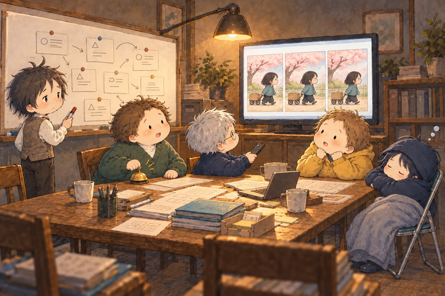 ミコの頭の中で、条件表と同じ木の記憶を見比べる五人。ハラヘッタが小さなベルを鳴らしている。