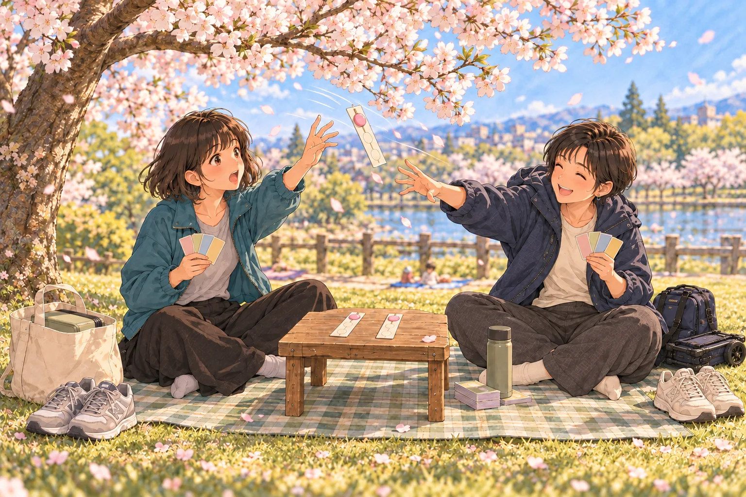 桜の下の小さな木の台で遊ぶミコとゆかり。桃色の団子カードを一枚留めた串カードが風で浮き、二人が手を伸ばす。