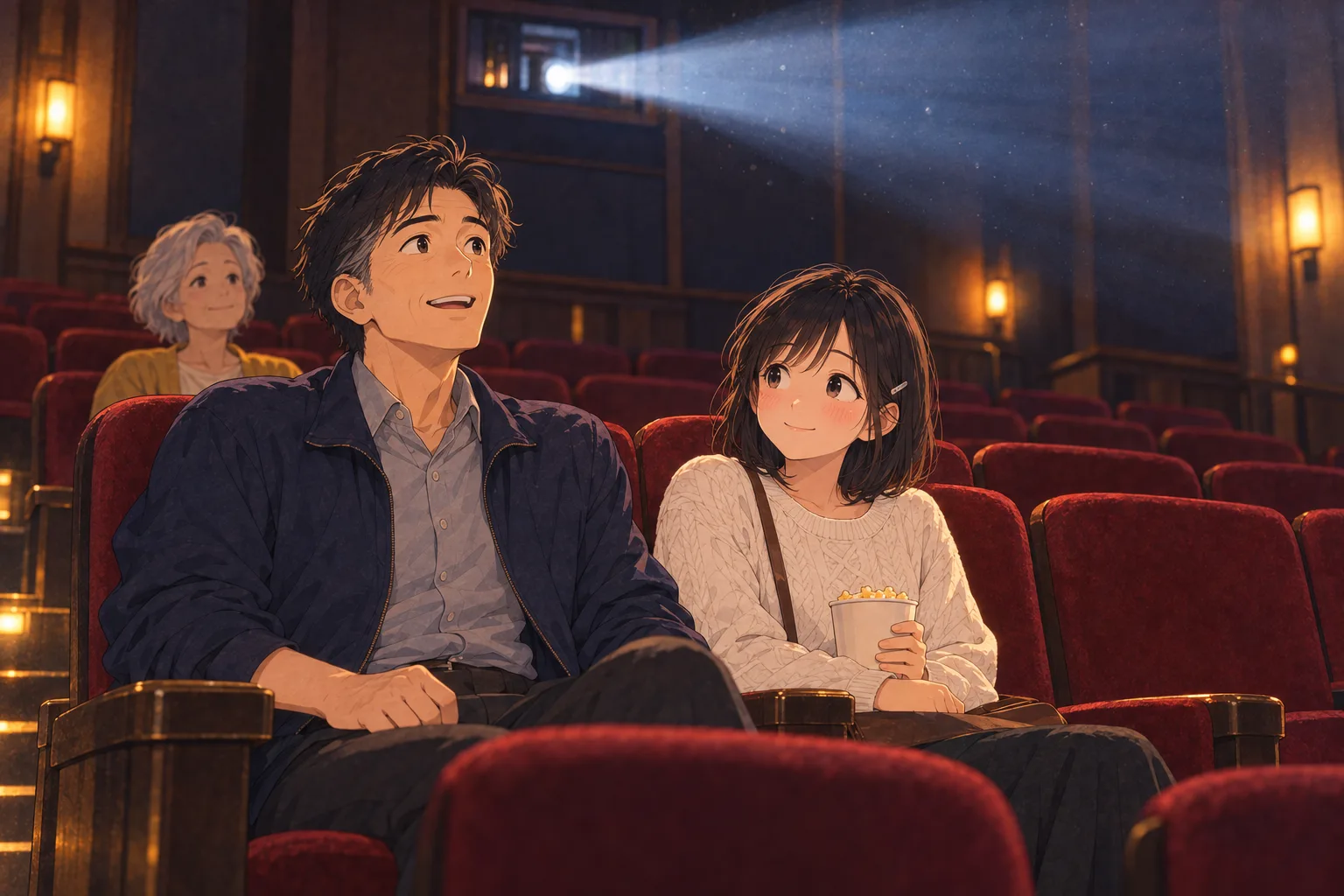 上映中、左端の席で頭上の映写光を見上げる父と、隣で父を見るひより。後ろに澄江、二人の間に小さなポップコーンのカップが一つ。