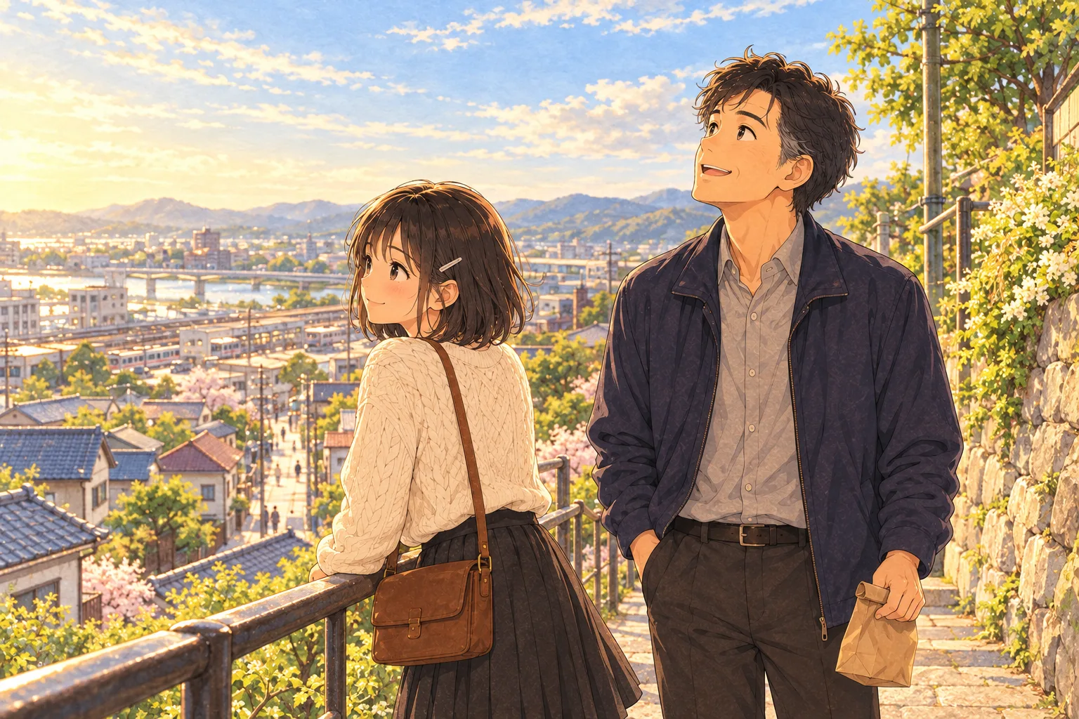 春の夕方の坂道。父は空を見上げ、ひよりは坂の下の町を見る。父の手には持ち帰りの小さな紙袋一つ。