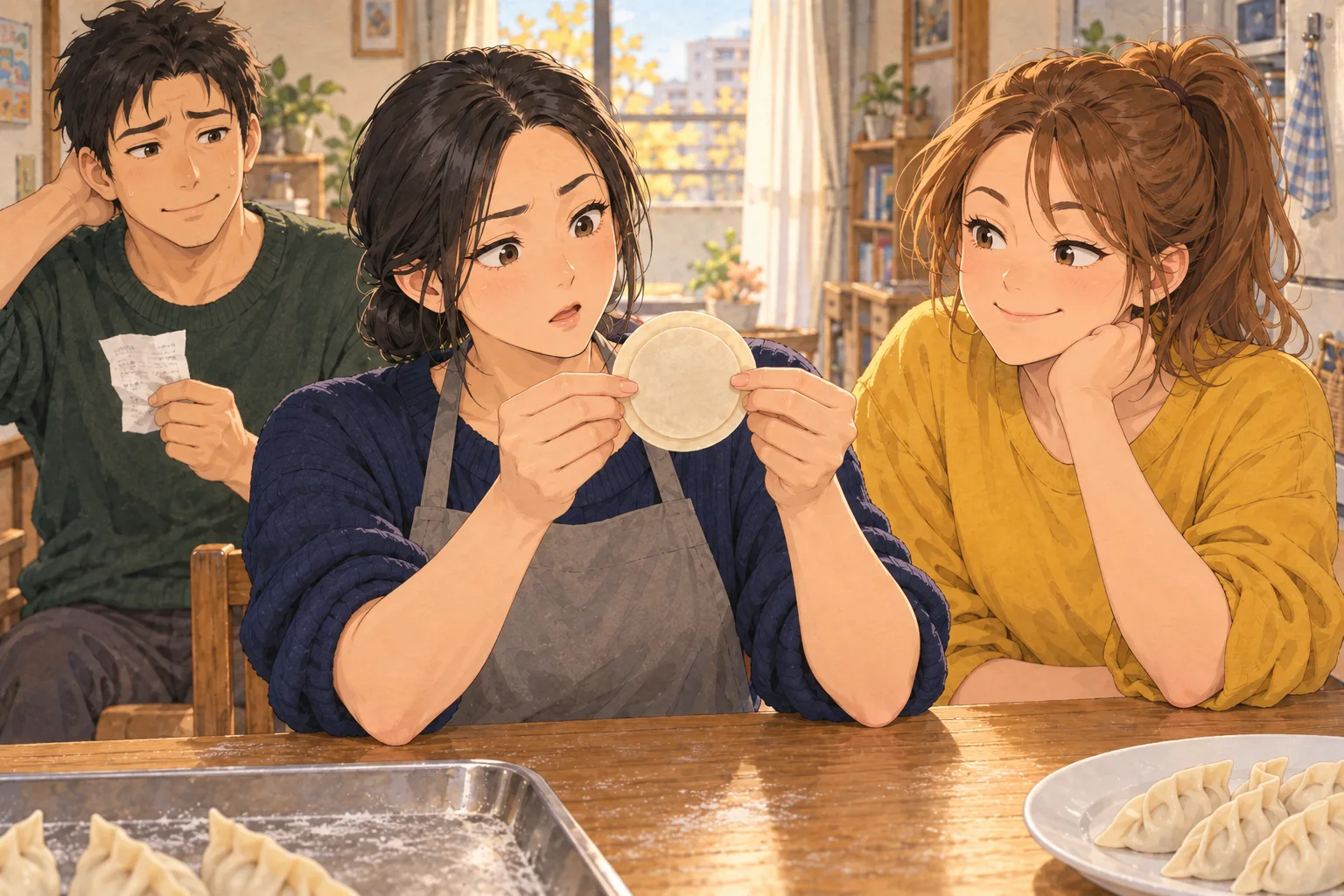 大きな皮と小さな皮を重ねて大きさを確かめる千景。右で妹の七海がのぞき込み、左奥の弟・圭吾はレシートを持つ。