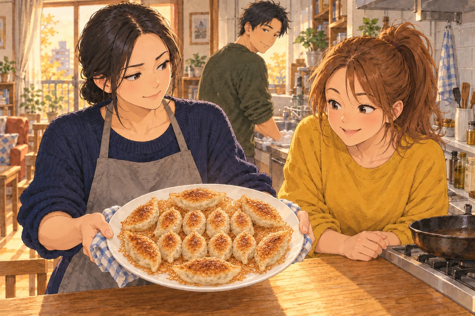 千景が布で支える皿に、中央八個と外側六個をつなぐ羽根つき餃子。七海がのぞき込み、圭吾は奥の流しで洗い物をする。