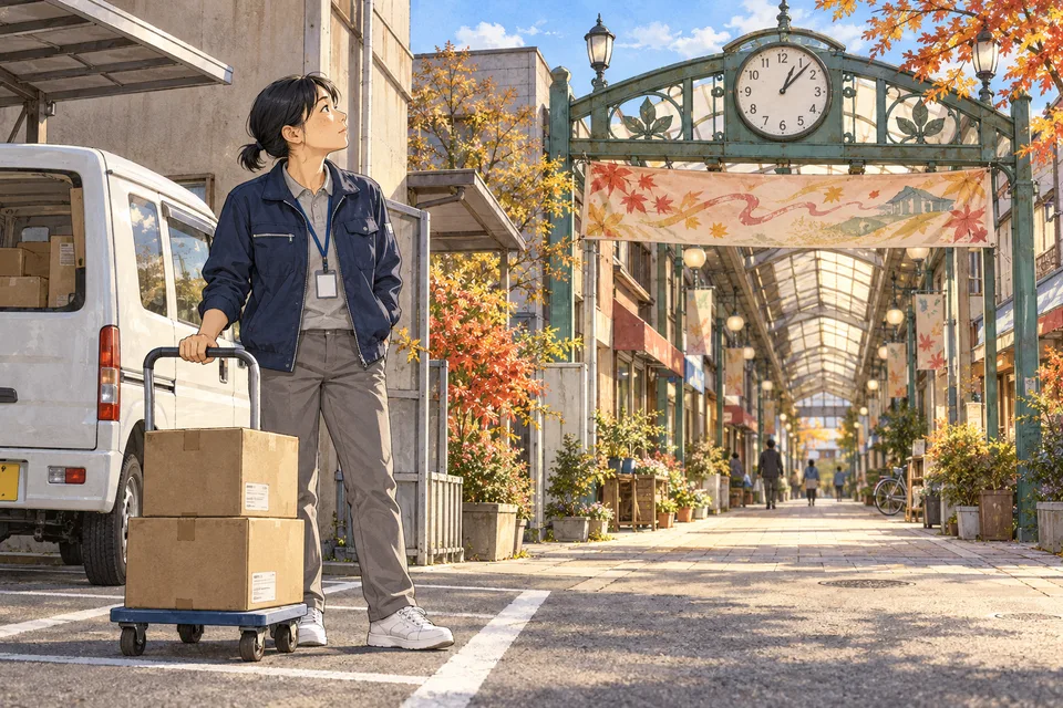 商店街の時計は、九分進むのイメージ