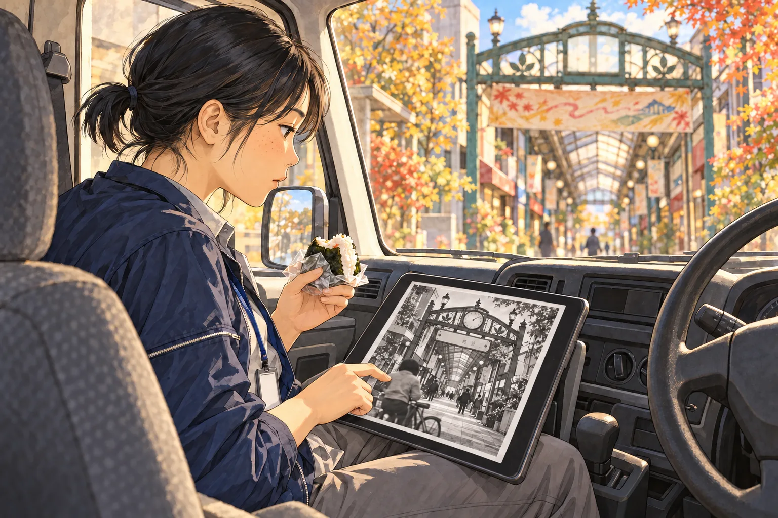 停車中の軽バンで、おにぎりを手にタブレットの古い白黒写真を見る七緒。古写真には幕に隠れる前の白い板、窓の外には現在の祭り幕。