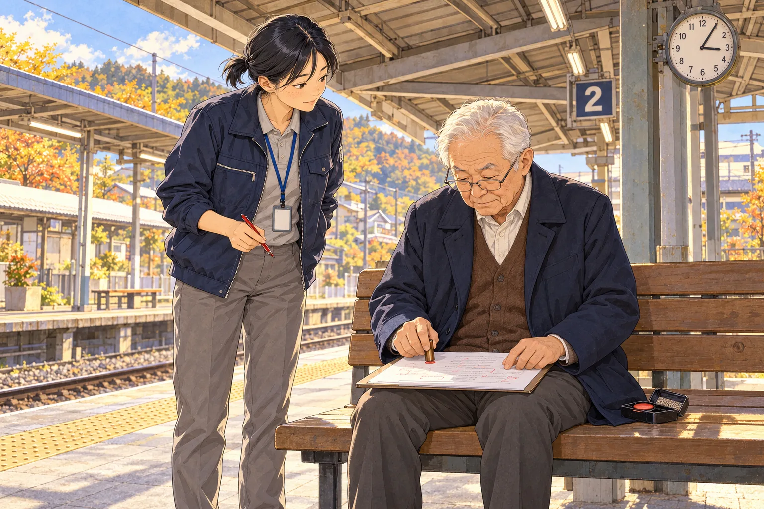 午後三時過ぎ、駅のホームのベンチで会長が校正に判を押し、七緒が赤ペンを持って横に立つ。二人はホーム端から離れている。