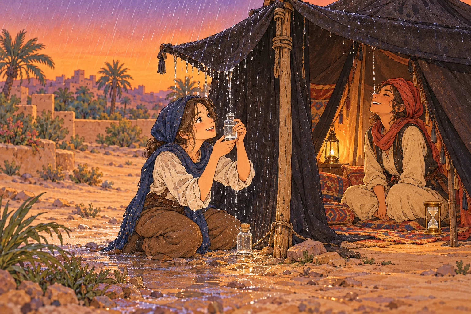 雲のない夕空の下、小さな黒い天幕を雨が叩く。ニナは屋根の角の水を小瓶で受け、入口のカリマは雨音を聞いて笑う。