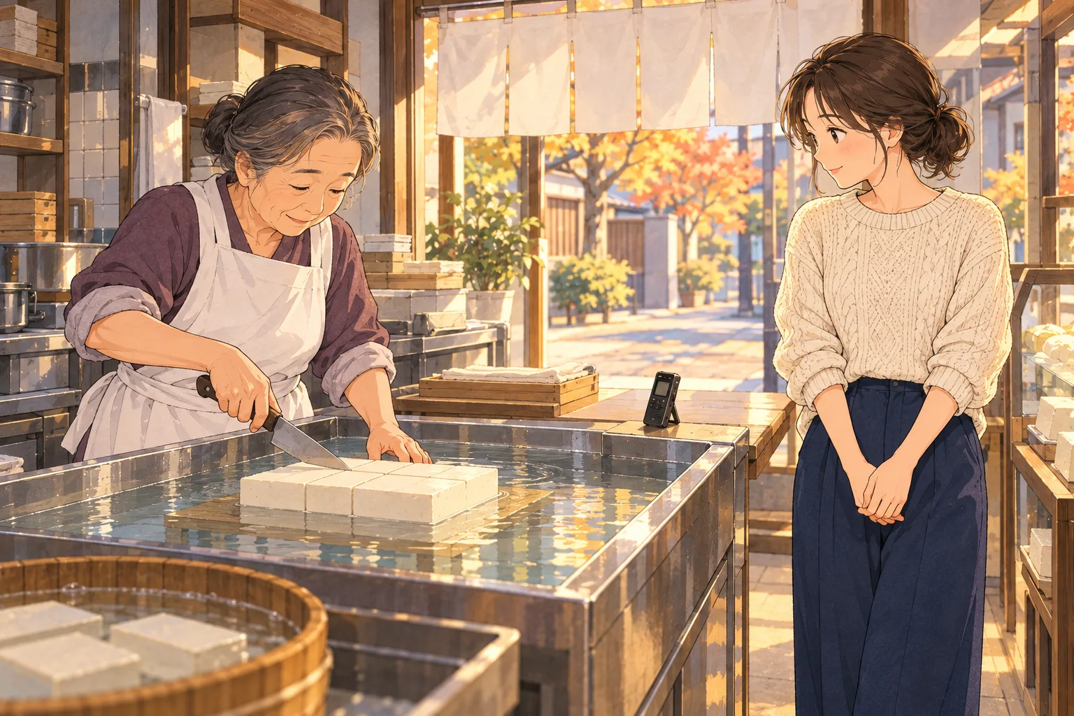 豆腐店で店主が水槽の板の上の豆腐を切り、葵が静かに見守る。小さなレコーダーは水槽から離れた乾いた台に置かれている。