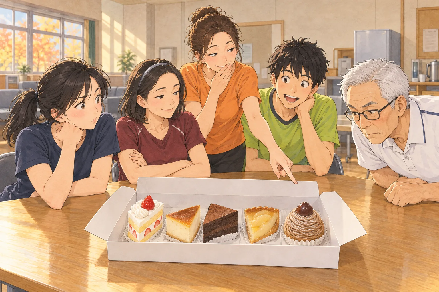 談話室で五人がケーキの箱をのぞく。苺、チーズ、ショコラ、洋梨、栗の五個が一列に並び、岩城は右端のモンブランに目を向ける。