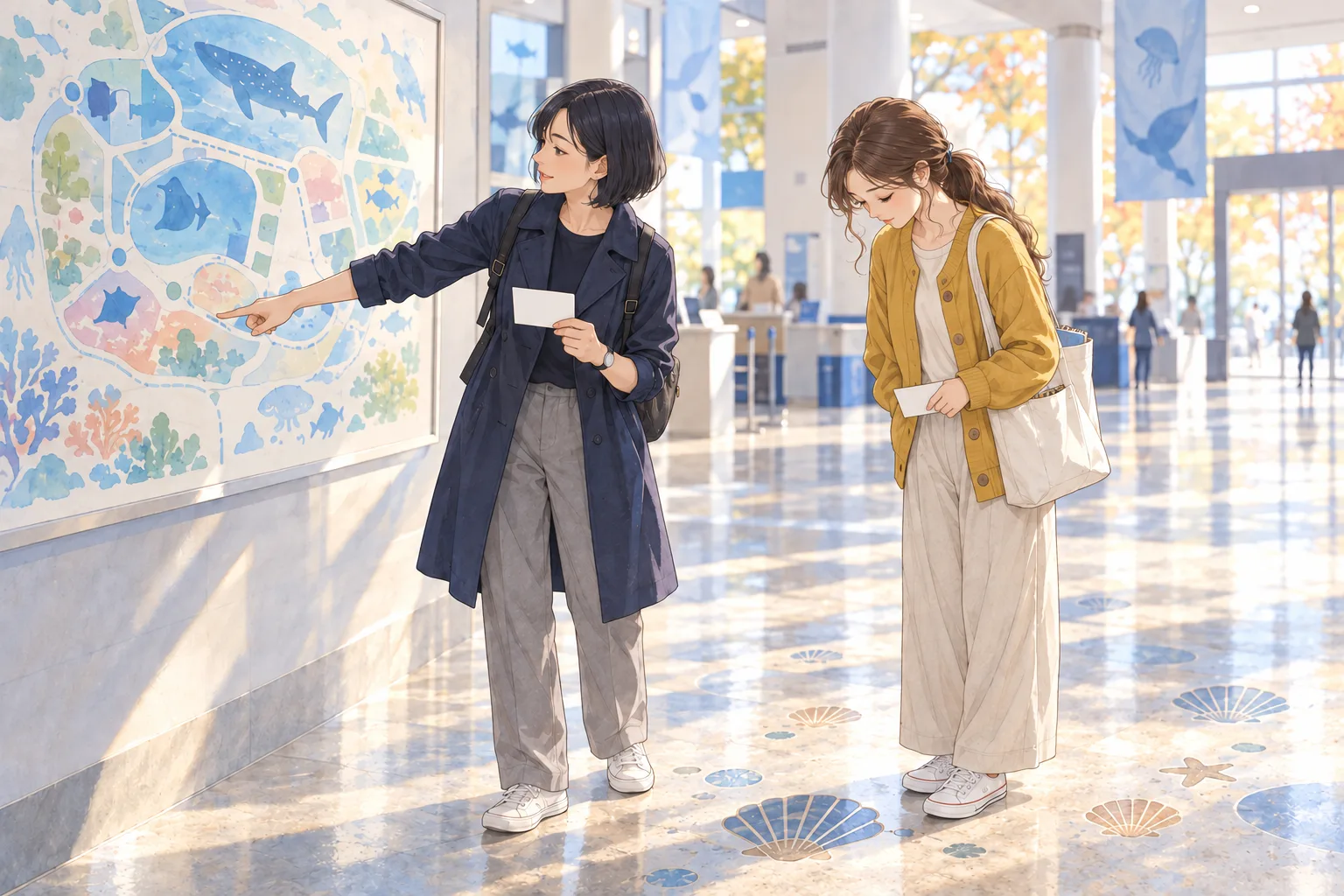 入口ホールで千晶がマップを指し、ふみは床の貝の模様へ目を落とす。二人はそれぞれ一枚の白い台紙を持つ。